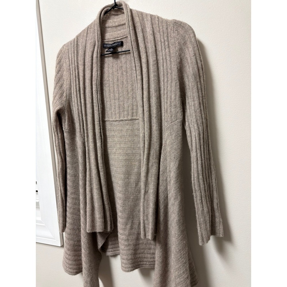 Elena Solano 100% Cashmere Ribbed Cardigan Taupe Brown Open Front Womens M - Picture 5 of 11